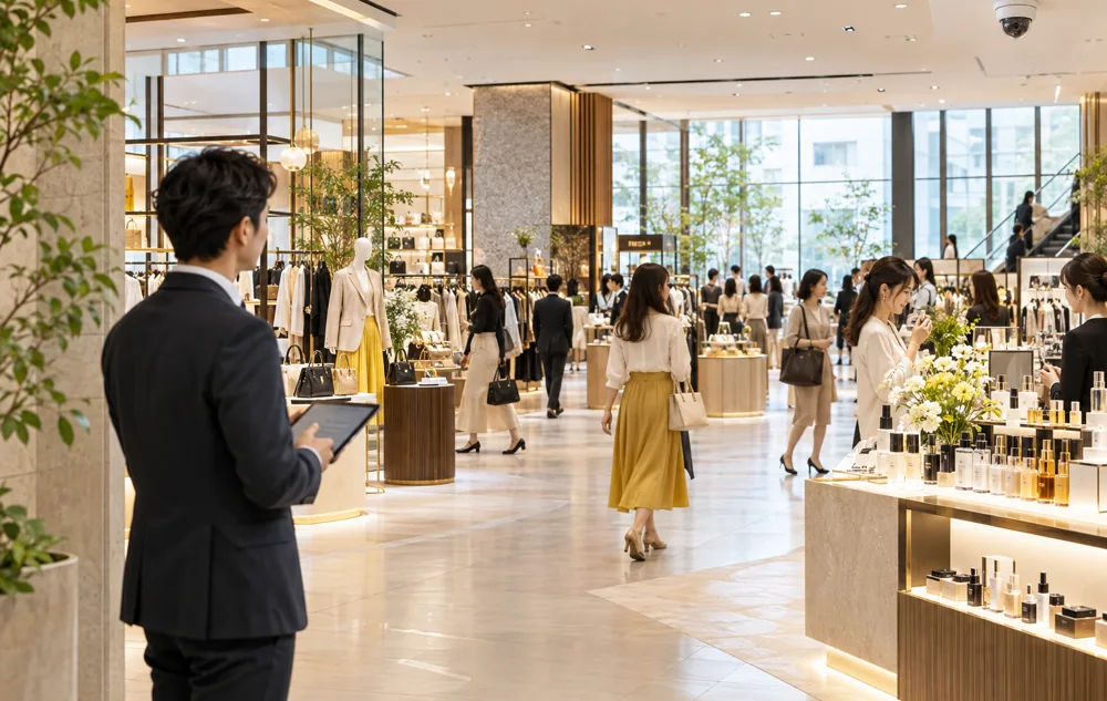 百貨店の催事場で回遊とVIP来店を分析するイメージ