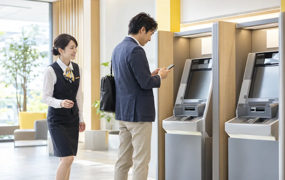 金融機関のATMコーナーで通話しながらの滞留を検知するイメージ