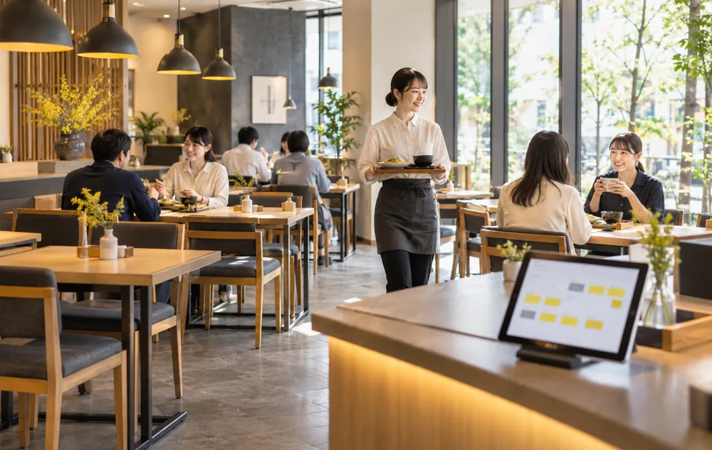 飲食店の客席の滞在時間と空席を分析するイメージ