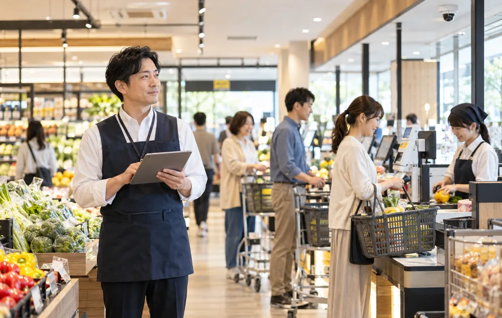 スーパーの売場とレジで来店客を分析するイメージ